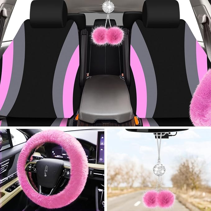 ROCEEI 43 Pcs Pink and Black Car Seat Cover Full Set for Women Christmas Fuzzy Car Accessories Fluffy Steering Wheel Cover Front Rear & Belt Handbrake Shift Accessory for Winter