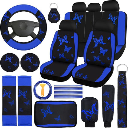 BBTO 43 Pcs Butterfly Car Seat Full Set Butterfly Car Accessories for Women 5 Front Rear Seat Covers Wrist Strap 2 Pcs Cup Mat Armrest Pad 2 Belt Xmas Cover Accessories for SUV(Blue, Black)