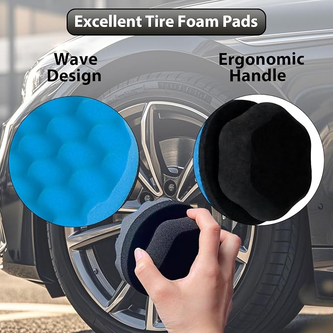 4 Pcs Large Tire Shine Applicator, Reusable Tire Dressing Applicator Wave Contoured, Tire Sponge Pads for Car Detailing Cleaning, 4.33 inch (2 Blue &2 Black)