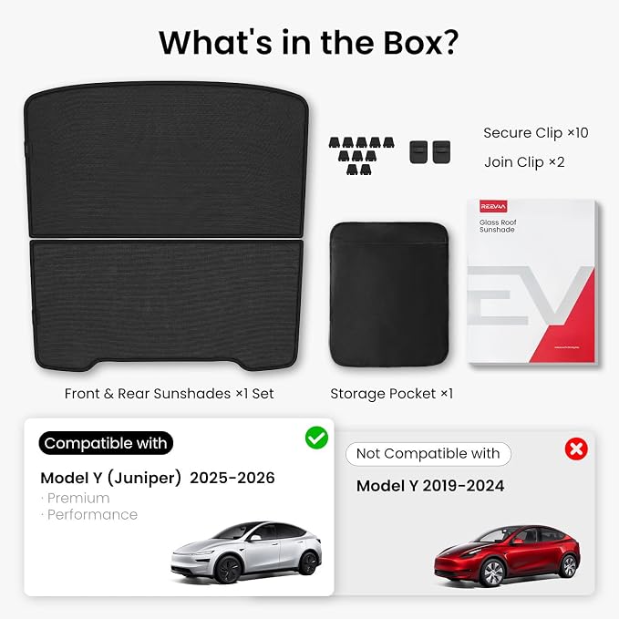 REEVAA 2026 Upgraded Tesla Model Y New (Juniper) Sunshade Roof [No Gaps, No-Sagging] Model Y Accessories Heat Insulation Foldable Glass Sunroof Cover for Model Y Juniper 2025-2026, 2PCS, Black