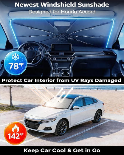 DMJN Umbrella Windshield Sun Shade for Honda Accord (2001-2026), Car Sunshade for Front Windshield [Nano Ice-Crystal Coatings] UPF50+ Heat & UV Block, Protect Interior & Keep Cooler