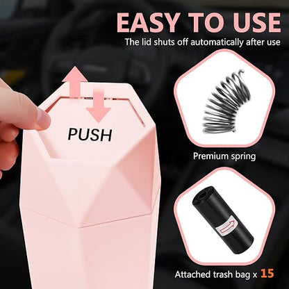 Car Trash Can with Lid - 1-Pack, Interior Accessories for Vehicles, Leakproof Garbage Can with 15 Detachable Trash Bags, Multipurpose Organizers and Storage Solutions for Home and Office (Pink)