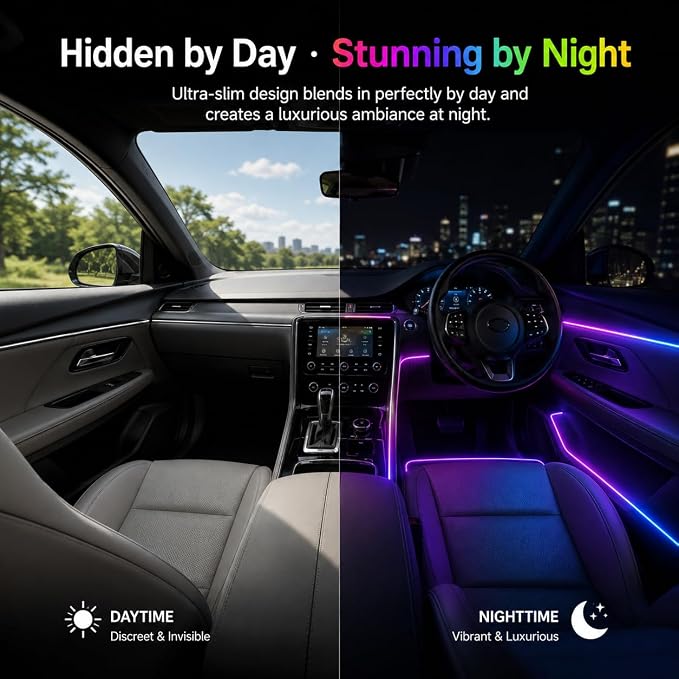 Acrylic Interior Car Ambient Lighting Kits, LED Strip Lights with Wireless APP, Neon Fiber Optic Lights Function LED Strip for Car with Music Modes (10 in 1)