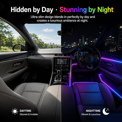 Acrylic Interior Car Ambient Lighting Kits, LED Strip Lights with Wireless APP, Neon Fiber Optic Lights Function LED Strip for Car with Music Modes (10 in 1)