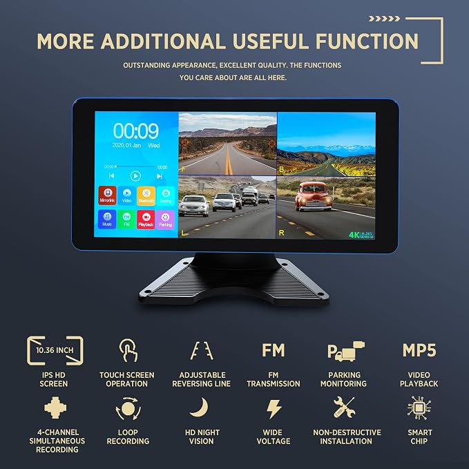 ASLONG 4K Backup Camera 4CH Dash Cam with 10.36" Quad Split Touch Screen & 4 AHD Front Rear Sides View Camera w/DVR Recording Music Video Playback Avoid Blind for RV Semi Trailer Truck Van