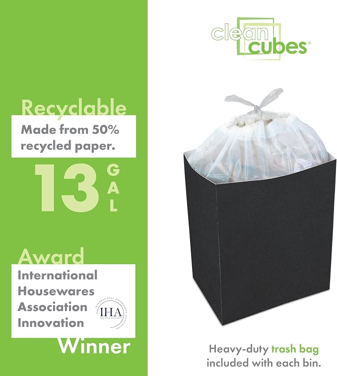 Clean Cubes 13 Gallon Disposable Trash Cans (6-Pack) with Fitted Trash Bags - Reusable Garbage and Recycling Bins for Parties, Events, and More (Black- 17" Height x 13.5" Width x 10" Depth)