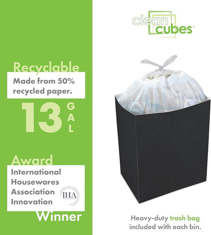 Clean Cubes 13 Gallon Disposable Trash Cans (6-Pack) with Fitted Trash Bags - Reusable Garbage and Recycling Bins for Parties, Events, and More (Black- 17" Height x 13.5" Width x 10" Depth)