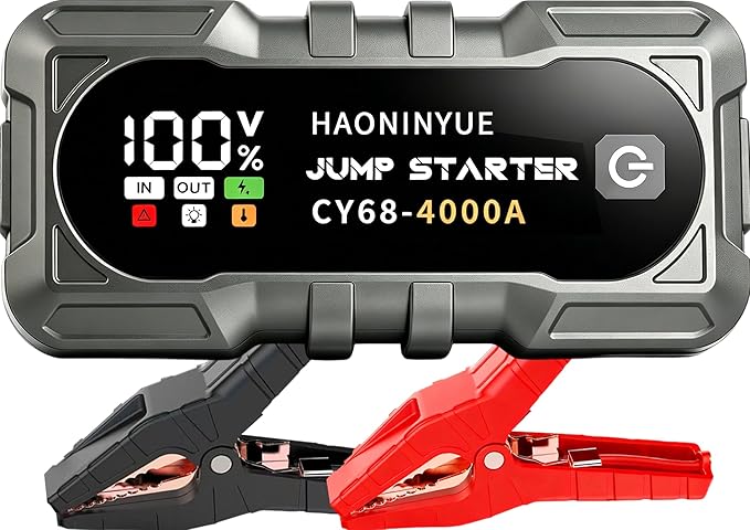 4000A Car Battery Jumper Starter, Battery Jumper Starter Portable (8.0LGas/6L Diesel), 16000mAh Charging Jump Box, Portable Car Jump Starter with Jumper Cables and 600LM LED Light