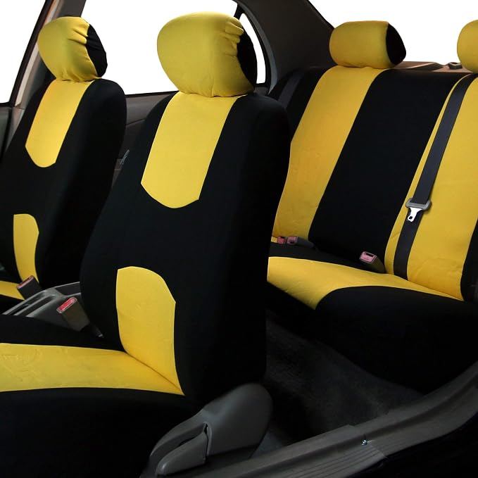FH Group Bright Flat Cloth Full Set Automotive Seat Covers Front Set and Rear Solid Bench Yellow Black Seat Covers w. Gift Universal Fit Interior Accessories for Cars Trucks and SUVs