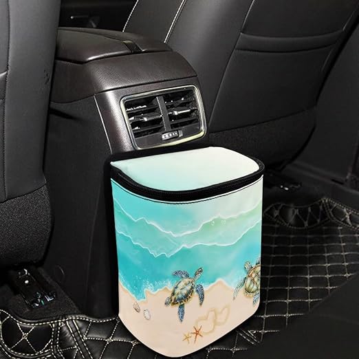 Talayituse Turtle Starfish Seashell Heart Beach Print Car Trash Bin, Large Size Auto Trash Can Adjustable Portable Garbage Can with Lid, Vehicle Hanging Bag for Headrest Front Back Seat