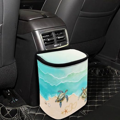 Talayituse Turtle Starfish Seashell Heart Beach Print Car Trash Bin, Large Size Auto Trash Can Adjustable Portable Garbage Can with Lid, Vehicle Hanging Bag for Headrest Front Back Seat