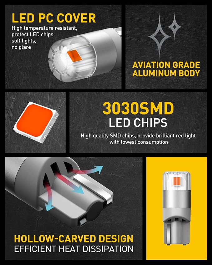 AUXITO Red 194 LED Light Bulbs, Super Bright 1:1 Size, License Plate Light 168 2825 W5W T10 Error Free Car Bulbs for Dome Map Door Courtesy Side Marker Cornering Trunk Light (Pack of 2)