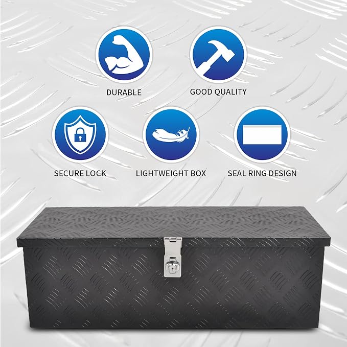 30” Heavy Duty Aluminum Truck Bed Tool Box 5 Bar Tread Waterproof Truck Tool Box Storage Organizer，Truck Box with Side Handle, Lock & Keys,Black (30"X13"X10")
