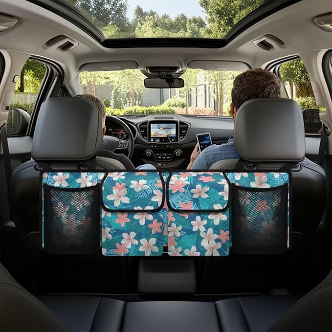 Tropical Flower Car Backseat Organizer Foldable Vehicle Interior Cargo Organizer Accessories Car Trunk Organizers with 4 Large Pockets Universal Fit for Cars SUV Sedans