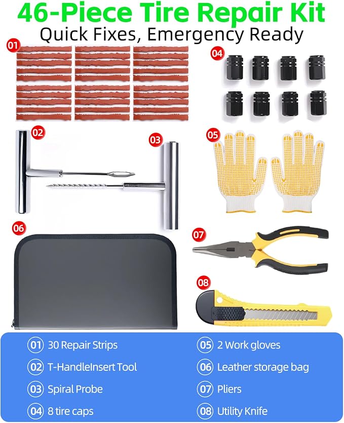 YANTU 111-Piece Car Emergency Kit - Tire Inflator Portable Air Compressor & Jumper Cables for Car - Winter Auto Assistance Kit with Tow Straps, Car Safety Hammer, Tire Repair Kit, & First Aid Kit