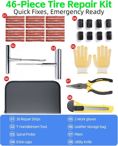 YANTU 111-Piece Car Emergency Kit - Tire Inflator Portable Air Compressor & Jumper Cables for Car - Winter Auto Assistance Kit with Tow Straps, Car Safety Hammer, Tire Repair Kit, & First Aid Kit