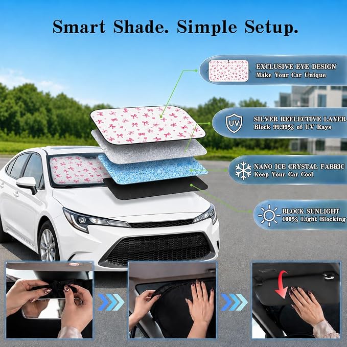 Car Windshield Sun Shade with Cute Heart Bow, Foldable Front Window Sunshade Universal Fits Sedan Compact Car Hatchback SUV, UV Heat Protection - 59 x 27.5