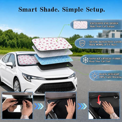 Car Windshield Sun Shade with Cute Heart Bow, Foldable Front Window Sunshade Universal Fits Sedan Compact Car Hatchback SUV, UV Heat Protection - 59 x 27.5