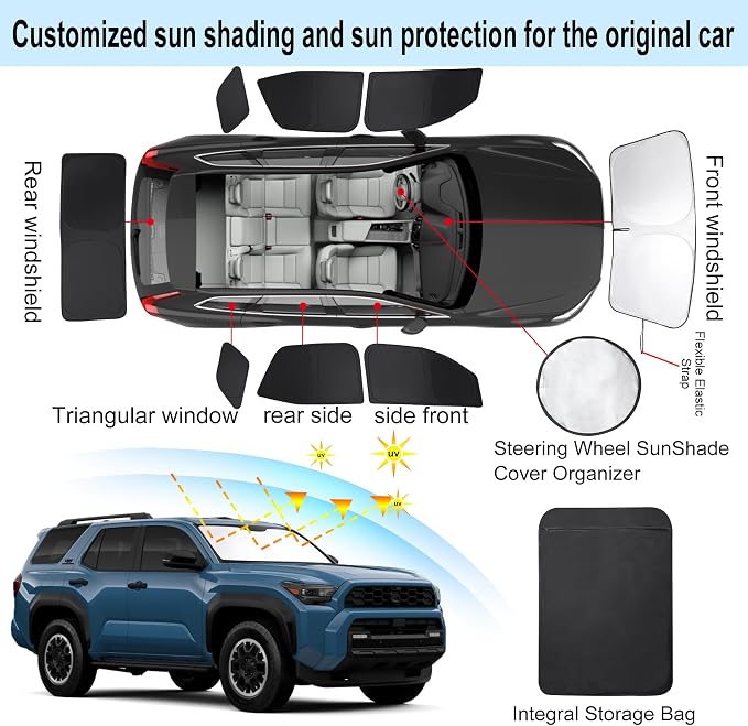 TINGLU Window Shades for Toyota 4Runner 2025 2026 Accessories Car Side Full Windows Rear Triangular Windshield Sun Shade Sun UV Rays & Privacy Protection for Camping 8PCS