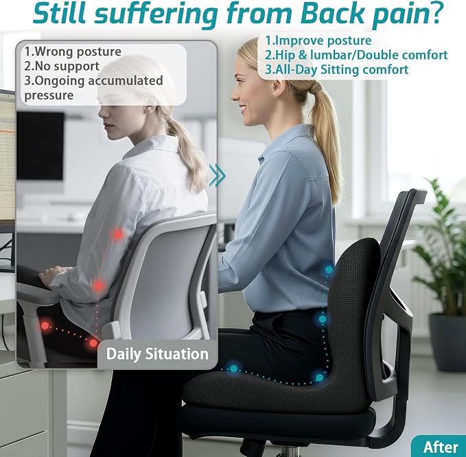 Memory Foam Seat Cushion,Office Chair Cushion with Lumbar Support for Back Pressure Relief, Car Seat Cushion with Adjustable Strap,Sciatica Pad Cushions for Car,Truck, Desk (D-black+mesh Cloth)