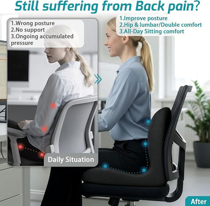 Memory Foam Seat Cushion,Office Chair Cushion with Lumbar Support for Back Pressure Relief, Car Seat Cushion with Adjustable Strap,Sciatica Pad Cushions for Car,Truck, Desk (D-black+mesh Cloth)