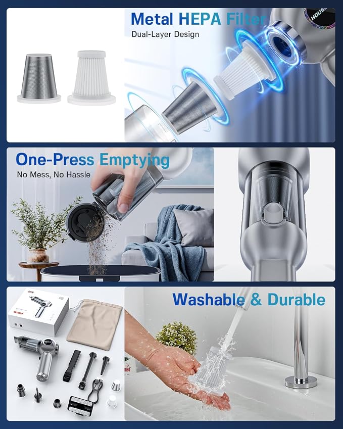 houscly Handheld Car Vacuum Portable Cordless 25000Pa High Power Small Mini Hand Vacuum Rechargeable 4-in-1 Wireless Handheld Vac for Car Office Desktop Home Cleaning Ideal Gifts for Men & Women