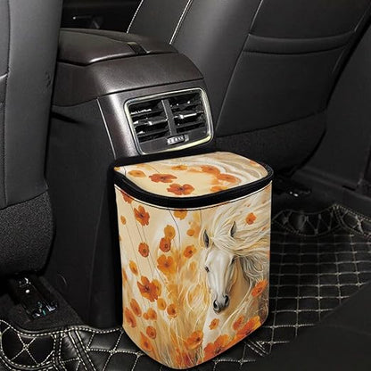 Talayituse Horse Floral Print Car Trash Can with Lid, Leak Proof Auto Trash Bag Hanging Vehicle Garbage Can Multipurpose Storage Container for Back Seat Road Trip
