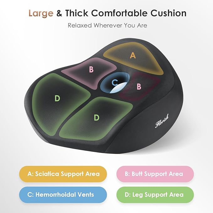 FLORICH Upgrade Large Car Seat Cushion for Long Sitting, Ergonomic Memory Foam Driving Seat Cushion for Back & Sciatica Pain Relief, Non-Slip Washable Seat Cushion for Car, Driver, Office-Black