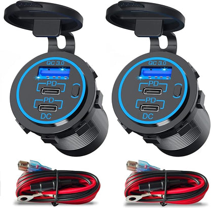 USB C Car Charger Socket 12V USB Outlet 2 Pack,78W RV USB Outlet Dual 30W PD USB-C and 18W QC3.0 Car USB Port with Button Switch Waterproof for Car RV Boat Marine Truck Motorcycle ect