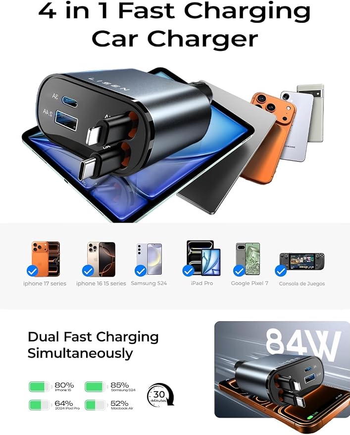 LISEN Retractable Car Charger, 84W Car Charger USB C Fast Charger Adapter, Car Accessories for Men Women, Gifts for Fathers Day for Men Dad Husband, for iPhone 17 16 15 14 13 12 Pro Max, Christmas | Multiple Ports Car Charger, Retractable Car Charger F...