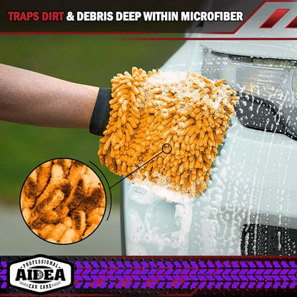 AIDEA Car Wash Mitt Microfiber, 2PK Scratch Free Lint-Free, Premium Chenille Microfiber Mitt Car Wash Brush, Orange, Extra Large Size 8''X12''