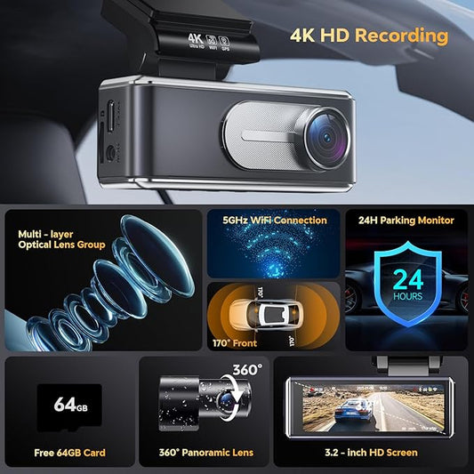 Dash Cam Front and Rear - 4K HD Dual Dash Camera for Cars, Built-in 5G WiFi GPS, 64GB Card, Dashcam with 3.2" IPS Screen, UHD Night Vision, HDR, App Control, 24H Parking Monitor
