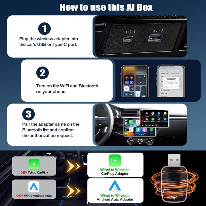 CAMECHO 2-in-1 Wireless CarPlay Android Auto Car Adapter, Wireless Apple Car Play Android Auto Dongle, CarPlay Adapter Converts Factory Wired to Wireless, Plug & Play, Fast Connect No Delay