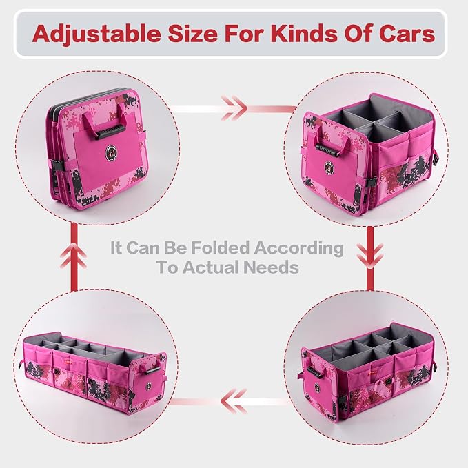 LIBZAKI Car Trunk Organizer,3 Compartments Big Trunk Storage, Large Capacity, Foldable, 95L Heavy Duty Storage Box for Car, SUV, Truck,Includes 26L Cooler Bag -Rose Red Camouflage