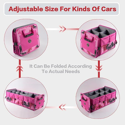 LIBZAKI Car Trunk Organizer,3 Compartments Big Trunk Storage, Large Capacity, Foldable, 95L Heavy Duty Storage Box for Car, SUV, Truck,Includes 26L Cooler Bag -Rose Red Camouflage