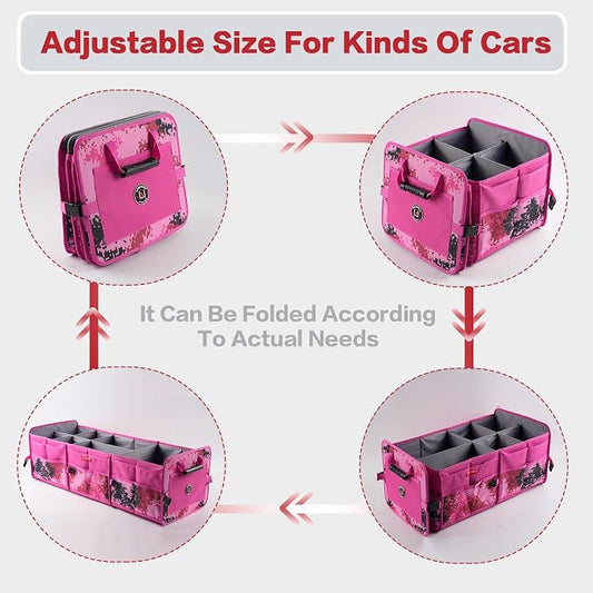 LIBZAKI Car Trunk Organizer,3 Compartments Big Trunk Storage, Large Capacity, Foldable, 95L Heavy Duty Storage Box for Car, SUV, Truck,Includes 26L Cooler Bag -Rose Red Camouflage