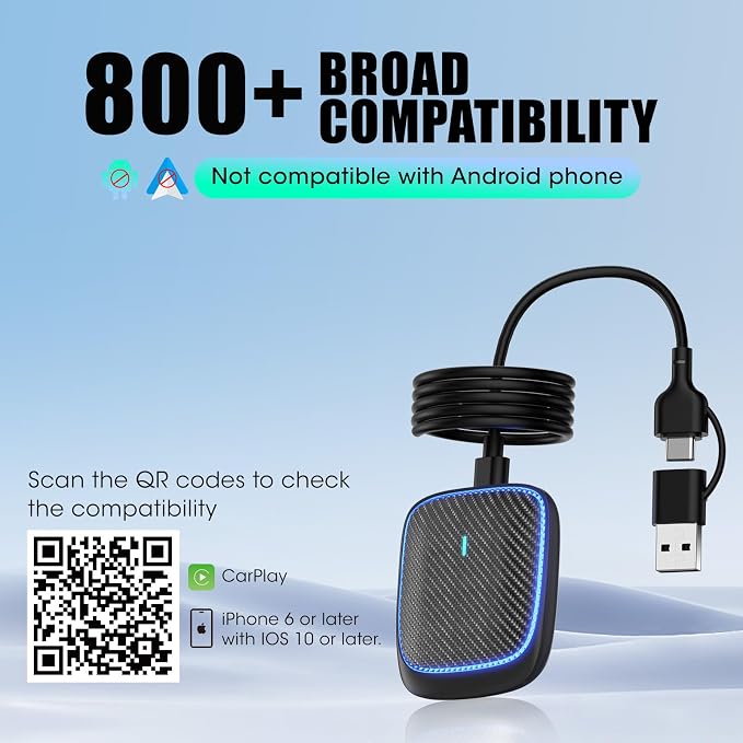 Wireless CarPlay Adapter for iPhone,Convert Wired to Apple Car Play Wireless Adapter, Plug and Play, with 60CM Extension Cable USB & Type-C, Connection Stable No Delay