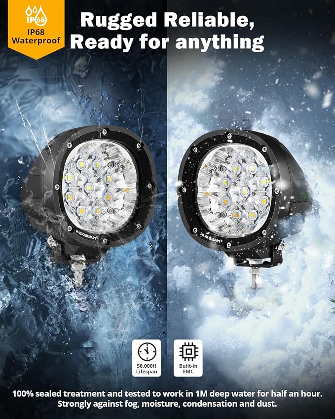 Auxbeam P4 Series Dual Color Round Strobe Light Pods 4-Inch 90W | Memory function flashing offroad lights, amber white 6-mode fog lights, automotive warning spot light bar