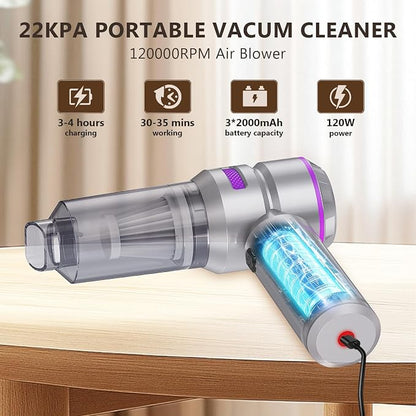 Cordless Car Vacuum 22000PA, Handheld with Brushless Motor, 4-in-1 Portable Vacuum & Blower/Inflator, HEPA Filter, Pet Brush, Type-C for Car Home Office (Purple)