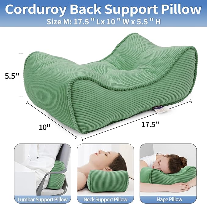 Lumbar Support Pillow for Office Chairs, Bite-Size Natural Latex Foam Back Support Pillow for Lower Back Pain Relief, Soft & Support Corduroy Desk Chair Cushion, M, Green