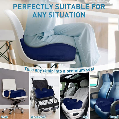 BlissTrends Seat Cushion,5.2in Thick Memory Foam Cushions for Office Chair, Car Seat, Airplane, Relieving Pressure Tailbone Sciatica Back Pain for Long Sitting Office Workers, Car Drivers Blue