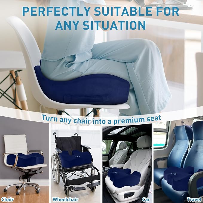 BlissTrends Extra Thick Seat Cushion for Office Chair & Car Seat, Blue | Tailbone & Sciatica Relief, Ergonomic Support, High-Density Memory Foam, Comfort for Extended Sitting