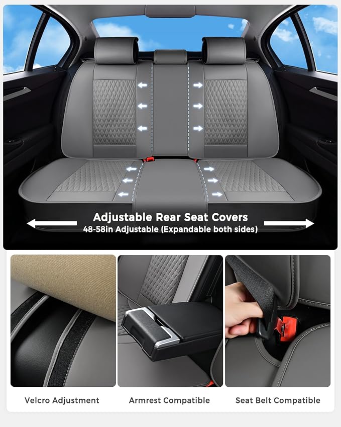 Huidasource Gray Back Seat Covers, Luxury Nappa Leather Rear Seat Cover with Velcro Adjustable, Child Seats, Ventilation Holes, Seat Belts, Back Seat Car Cover Fit for Most Cars SUV Trucks, Gray