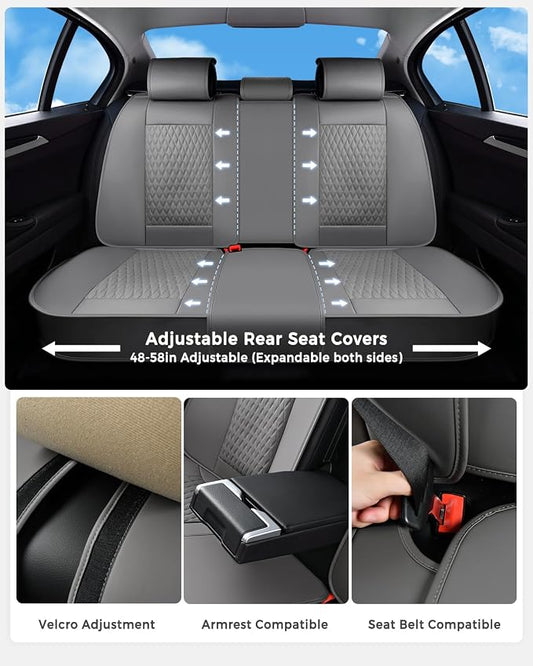 Huidasource Gray Back Seat Covers, Luxury Nappa Leather Rear Seat Cover with Velcro Adjustable, Child Seats, Ventilation Holes, Seat Belts, Back Seat Car Cover Fit for Most Cars SUV Trucks, Gray