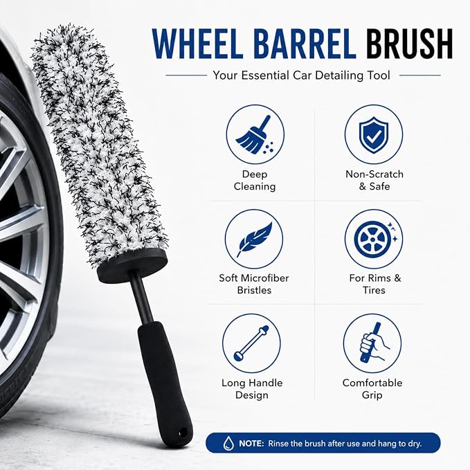 Long Handle Wheel Barrel Brush, Soft Microfiber Wheel Cleaner Brush, Non-Scratch Car Detailing Tool for Rim Cleaning and Tire Detailing (Black)