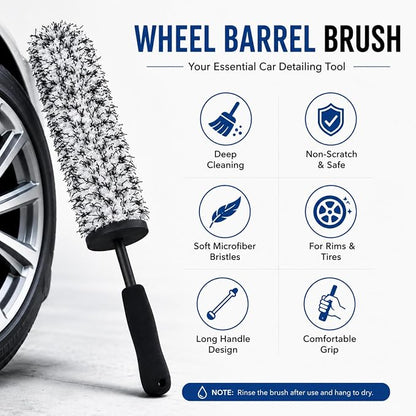 Long Handle Wheel Barrel Brush, Soft Microfiber Wheel Cleaner Brush, Non-Scratch Car Detailing Tool for Rim Cleaning and Tire Detailing (Black)