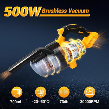 Cordless Vacuum Compatible with DeWalt 20V Battery, 5 in 1 Brushless Vacuum Cleaner with 50KPA 500W Powerful Motor, 50 CFM Portable Hand Vacuum for Home Wood Floor, Car (Battery Not Included)
