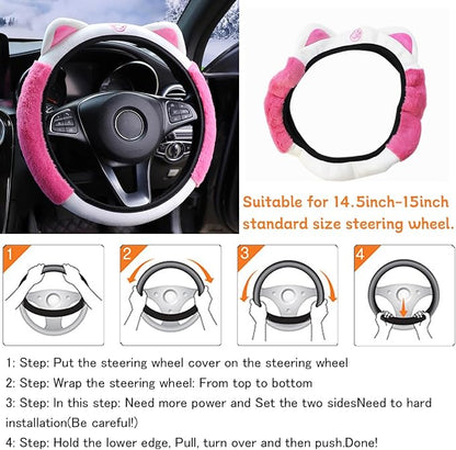 Bittwee Car Steering Wheel Cover, Fluffy Soft Plush for Winter Warm, Cute Steering Wheel Protector with Kitty Cat Ears, Universal 15 Inch, Elastic & Anti-Slip, Lovely Decor Car Accessories (Rose Red)