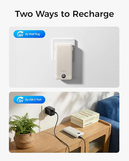VEGER Portable Charger with Built-in AC Plug and Cables, All in One 10000mAh Ultra Slim Power Bank Emergency Fast Charging for Travel Battery Pack Compatible with iPhone, Samsung, Android, Coffee