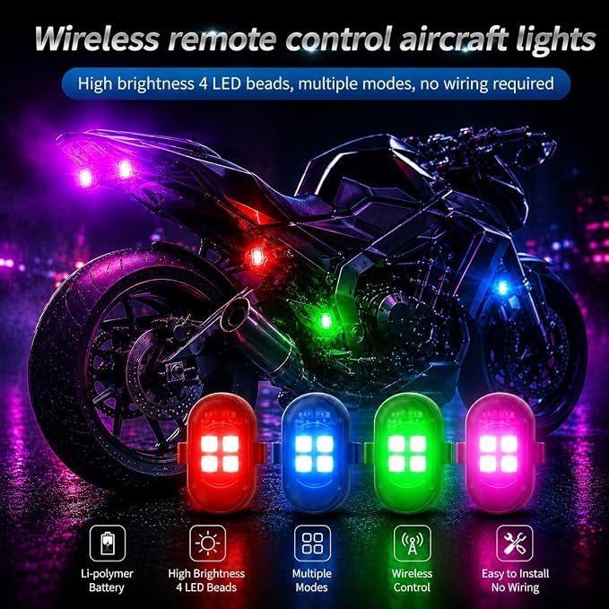 Upgraded 4PCS Mini Wireless LED Strobe Lights for Car Drone Motorcycle Bike with Remote Control High-Brightness Warning Wireless LED Lights for Motorcycle USB Rechargeable 8-Color Car Lights Interior